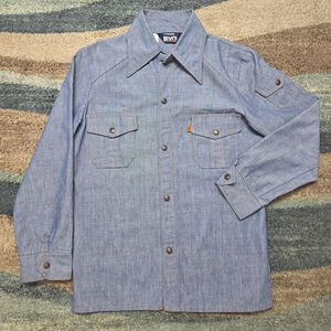 Vtg 70s LEVI'S Chambray Work Shirt Orange Tab Western Snap Blue Men's Medium
